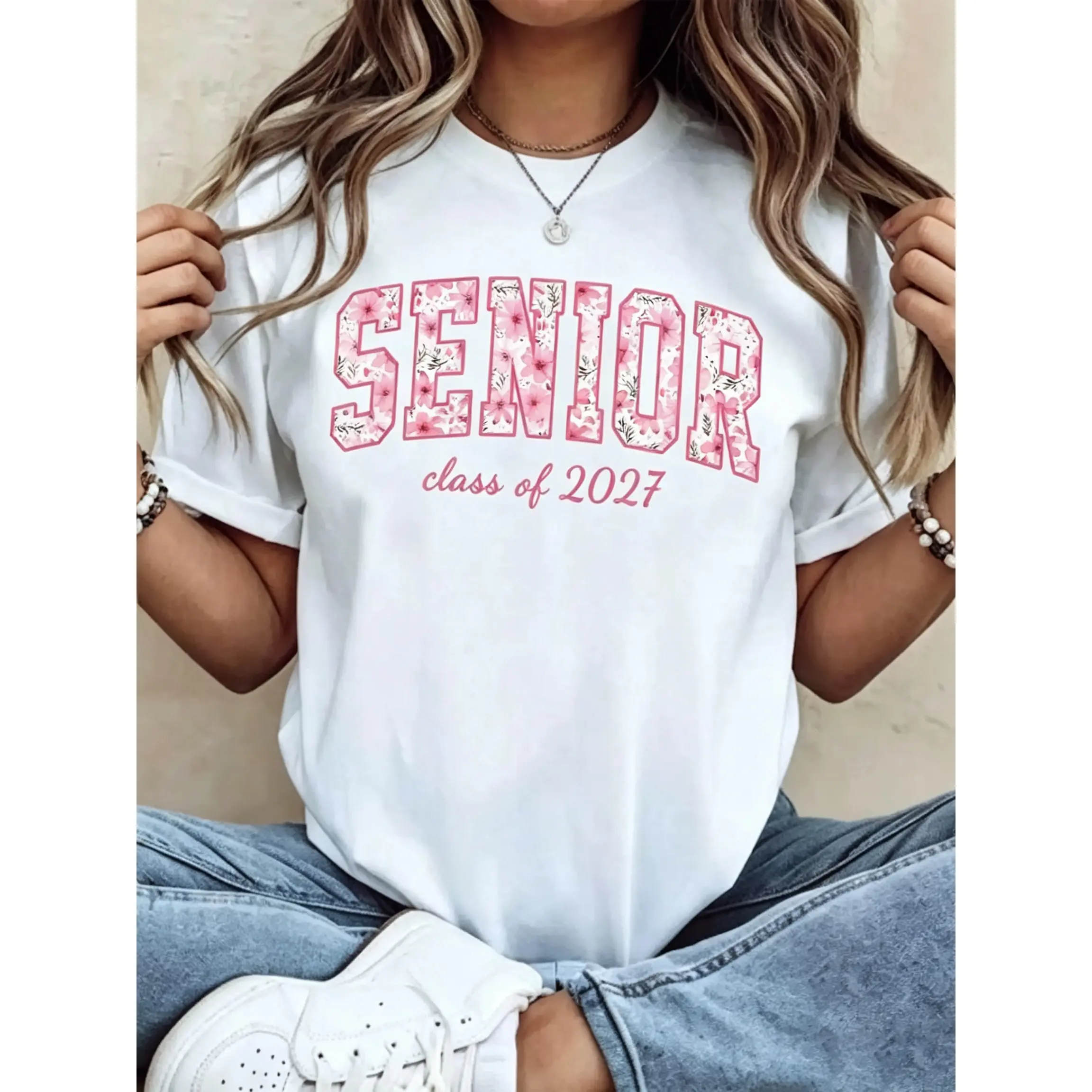 Senior Class Of 2027 Floral Print T-Shirt For Graduation Celebration Women's Casual White Top Spring Summer Outfit,180g