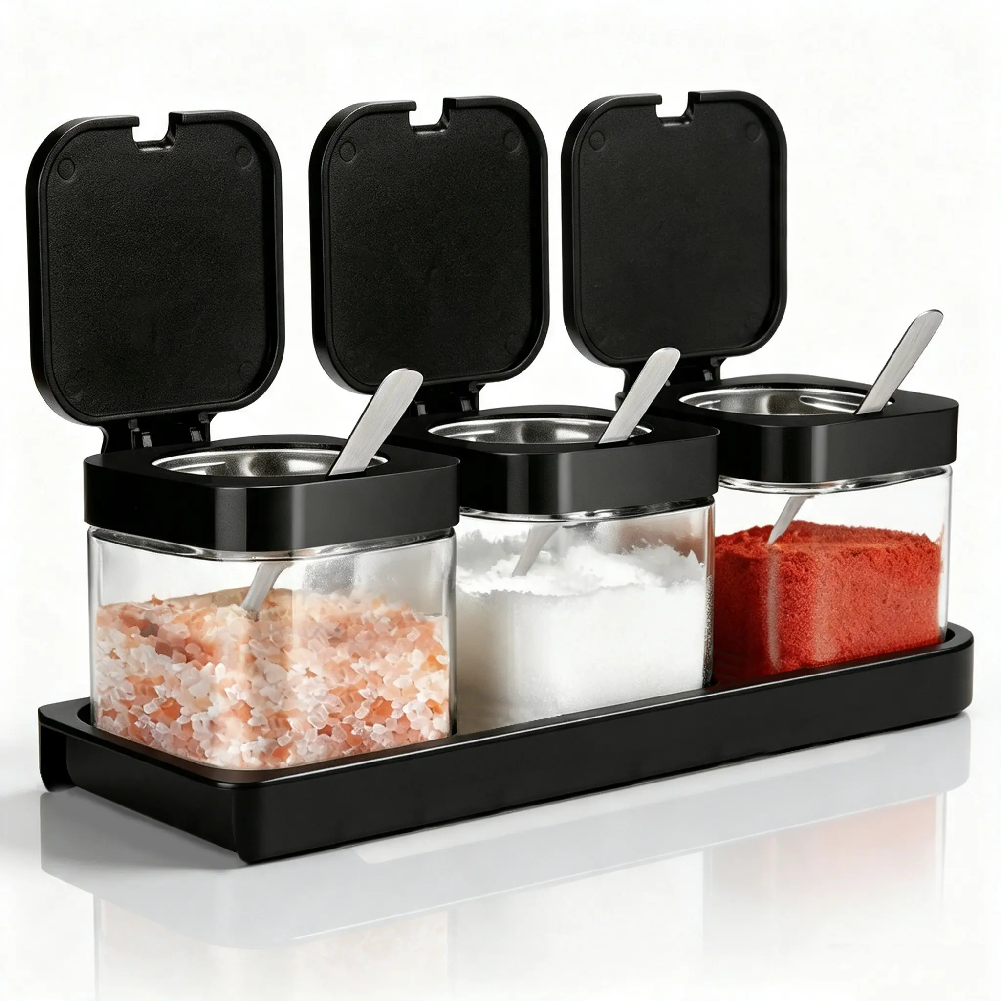 Clear Glass Condiment Canisters Pots, 1 Set Including 3 Counts Condiment Jar Spice Container with Lid & 3 Counts Spoon, Seasoning Box Set for Kitchen
