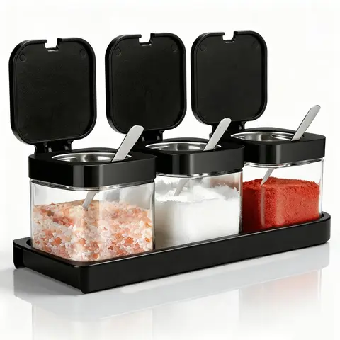 Clear Glass Condiment Canisters Pots, 1 Set Including 3 Counts Condiment Jar Spice Container with Lid & 3 Counts Spoon, Seasoning Box Set for Kitchen, Seasoning Containers
