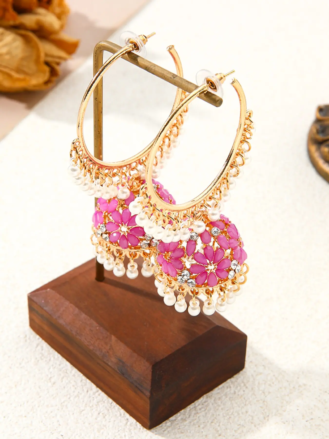 Boho Flower Rhinestone Birdcage Earrings, Vintage Hollow Pearl Fringe Large Ring, Indian Ethnic Long Pendant Earrings, Versatile Party Jewelry