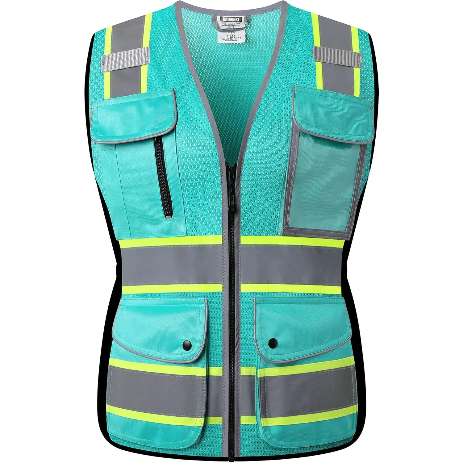 High Visibility Reflection Peacock Mesh Safety Vests with 9 Pockets and Front Zipper, hi vis safety vest for Women, Meets ANSI/ISEA Standards(Peacock-16,M)