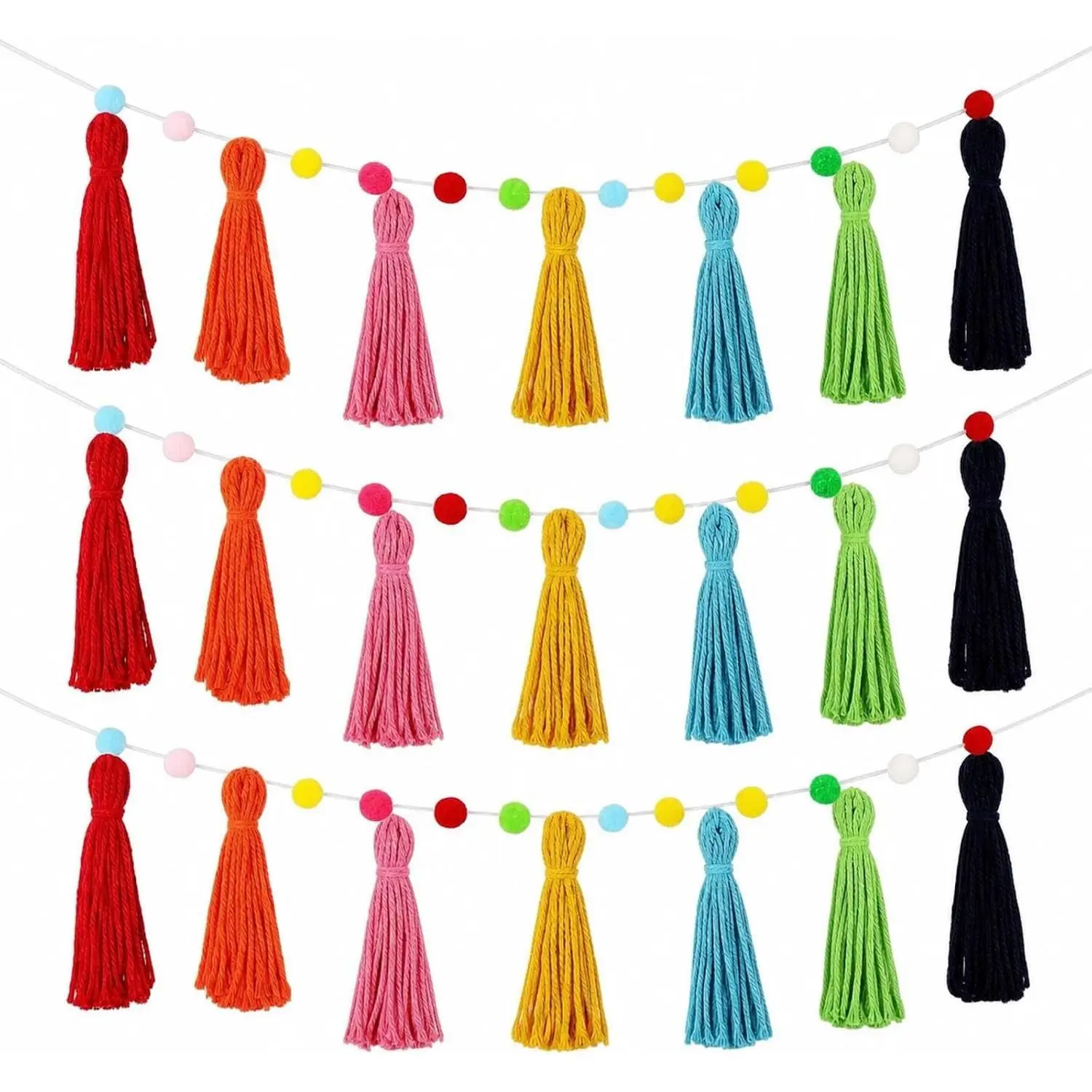 3 Pcs Boho Tassel Garland Boho Rainbow Pom Pom Wall Decor Each 50'' Colorful Pastel Tassel Wall Hanging for Classroom Nursery Bedroom Baby Shower Back to School Birthday(Rich Colors)