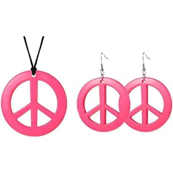 Peace Sign Pendant Necklace & Earrings  Set - Love Peace Symbol Hippie Pendant for Women - Multicolor