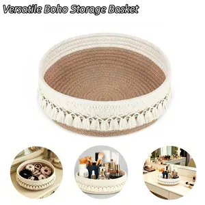 Boho-style woven storage basket with tassels – a classic organizer for cosmetics; a versatile basket suitable for makeup brushes, creams, skincare products, and nail polish, as well as tissues, undergarments, hair accessories, books, and home décor.