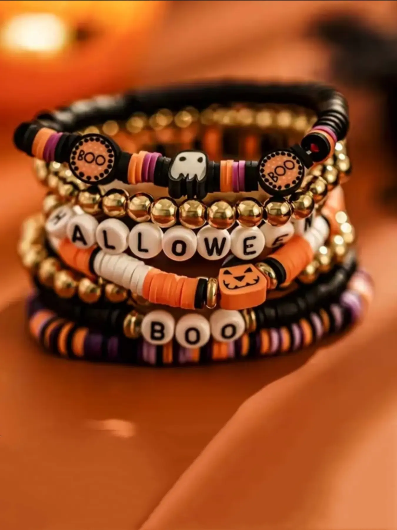7pcs Halloween Themed Party Bracelets, Cool & Spicy Vintage Pumpkin Head Design, Polymer Clay Beaded Jewelry Set, Fashion Bracelet Sets, Perfect for Festive Events