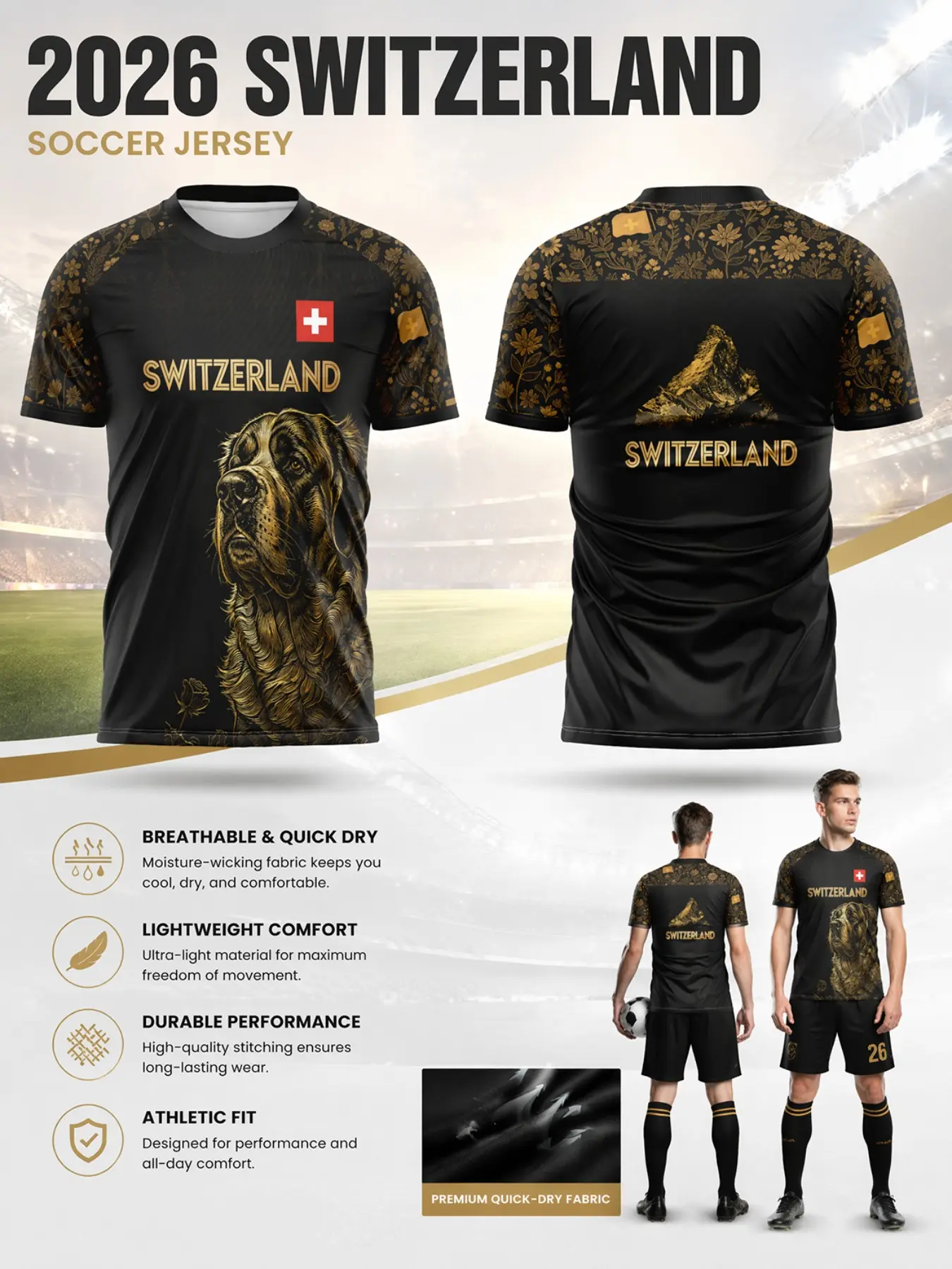 2026 Swiss Soccer Jersey, Mesh Floral Print, Quick-Dry Breathable Lightweight Sporty Fitted T-Shirt, Ideal for Fans, Matches, Training