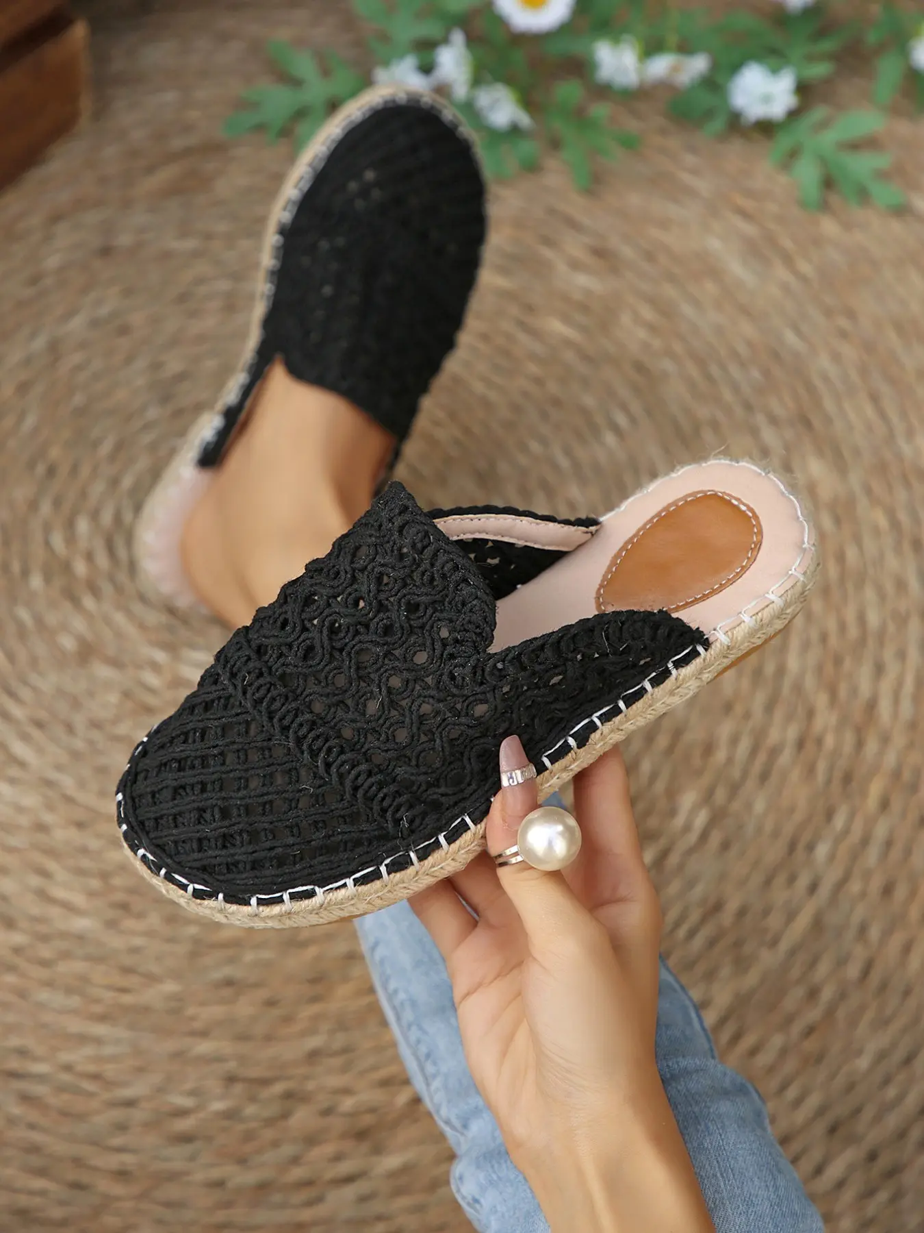 Women's Crochet Sandals, Lightweight Comfortable Beach Shoes, Summer Casual Wear, Breathable Straw Half Slippers, Open Toe Flat Fisherman Mules, Mule Flats