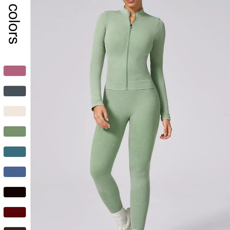 Women's Yoga Set Sportswear, Yoga Sports Clothing, Long Sleeve Top High Waist Tight Pants, Striped Zipper Design, Running Workout