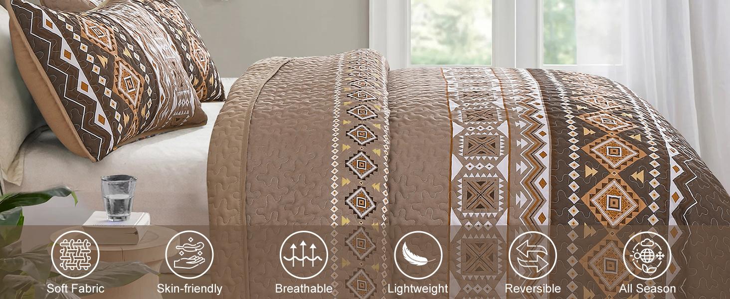 Boho Set Queen Size,3 Pieces Brown Printed Bedspread Coverlet Set,Lightweight Microfiber Bedding Set with 2 Pillowcases,96"*90"