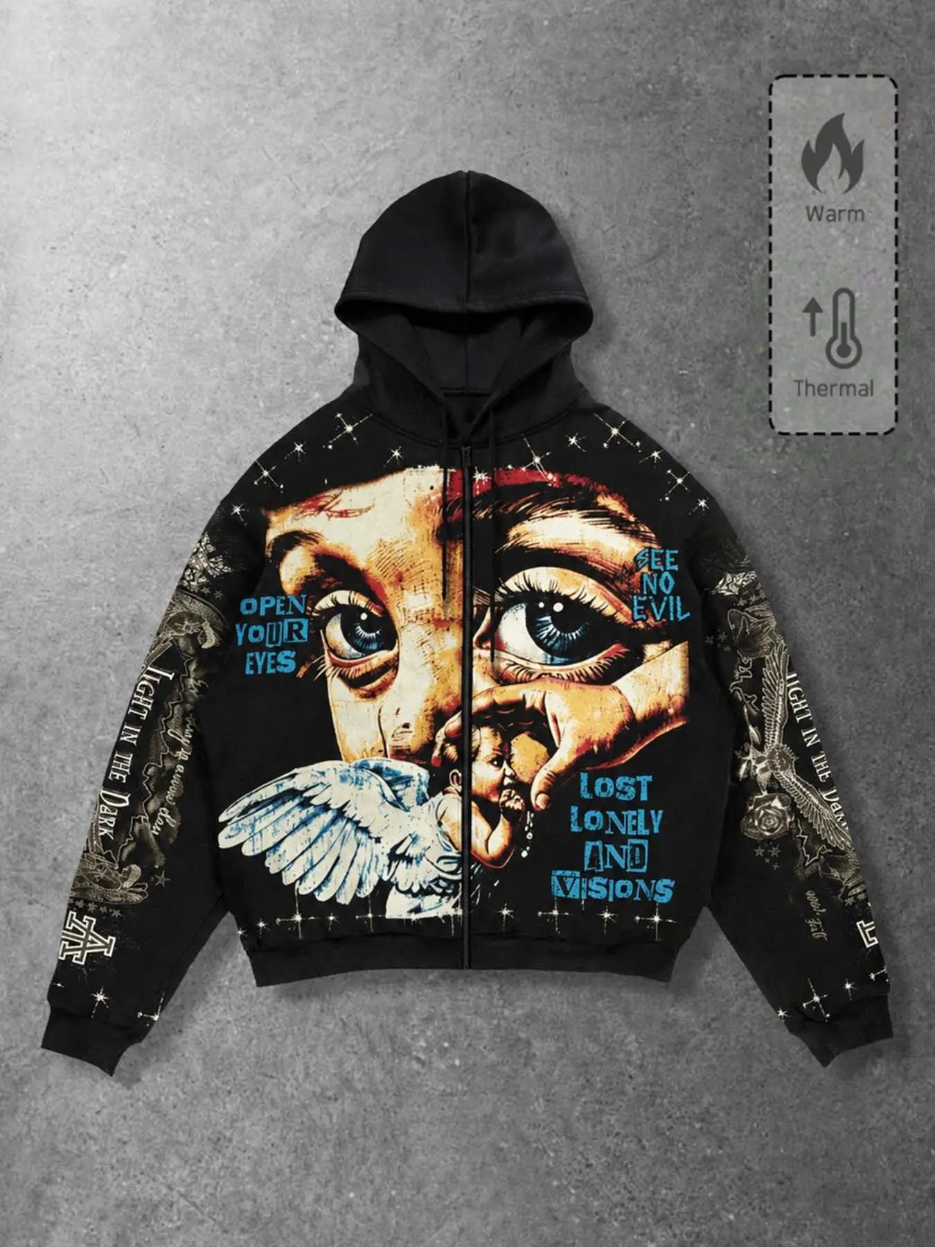 Men's black zip-up hoodie, vintage eye angel gothic full-print dark street jacket, made of comfortable and soft fabric, perfect for weekend hangouts, street photos, nightlife outings, and casual short trips.