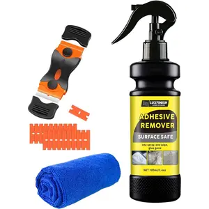 100ml/3.4oz Adhesive Remover Spray with Scraper & Towel, Safe Multi-Surface Formula, Removes Stickers Labels Tape Residue for Car Paint Glass Tile