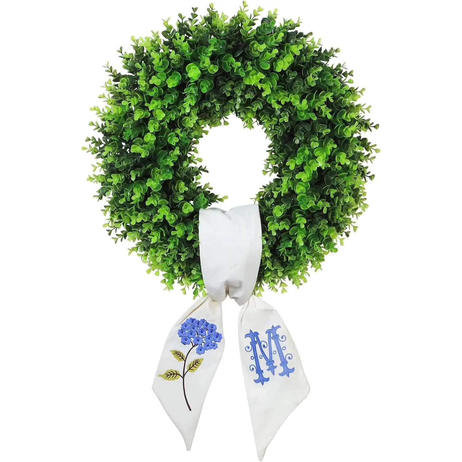 Boxwood Wreath for Front Door Spring Summer Wreaths Farmhouse Hanger,Last Name Year Inital Round Porch Decor,20 inch Multi Occasion use Wreath with Personalized Monogram sash Embroidered - (M)