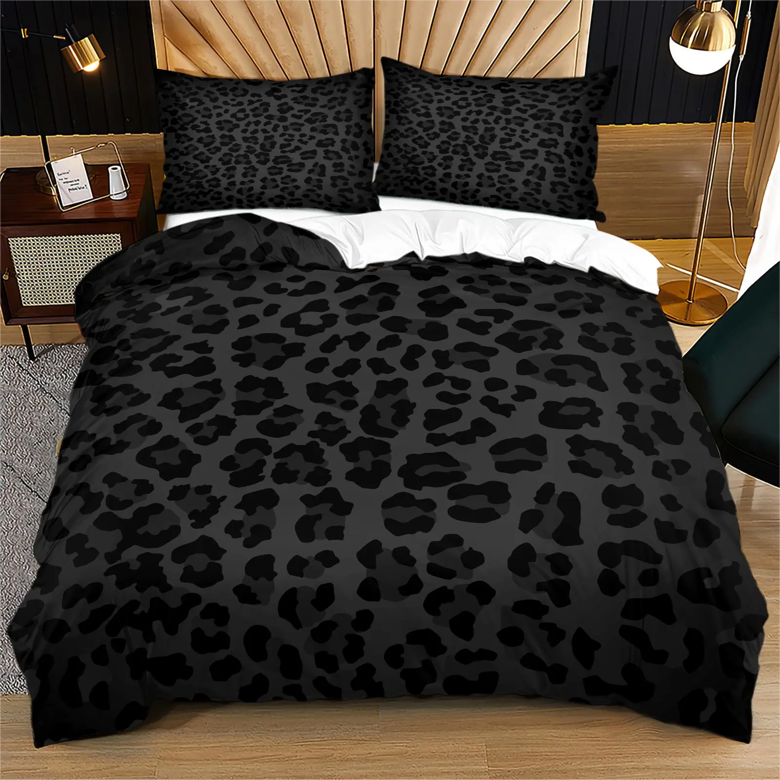 2/3Pcs Black Grey Leopard Print Duvet Cover Set, All‑Season Dark Leopard Animal Print Bedding, 1 Duvet Cover & 1/2 Pillowcases (No Filling), Leopard Themed Bedding for Bedroom Dorm Decor, Ideal Gift Choice