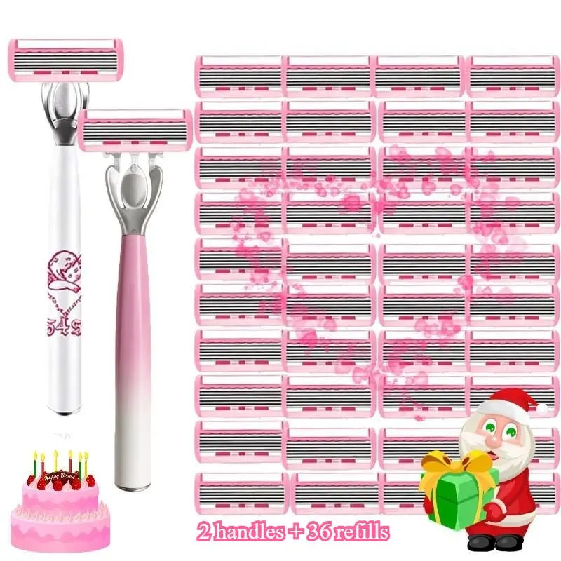 Unisex 6-Blade Shaving Razors Set, 2 Premium Handles, 36/72 Replacement Blades, Smooth Shaving, Ergonomic Non-Slip Handle, Durable Sharp Blades, Travel Friendly