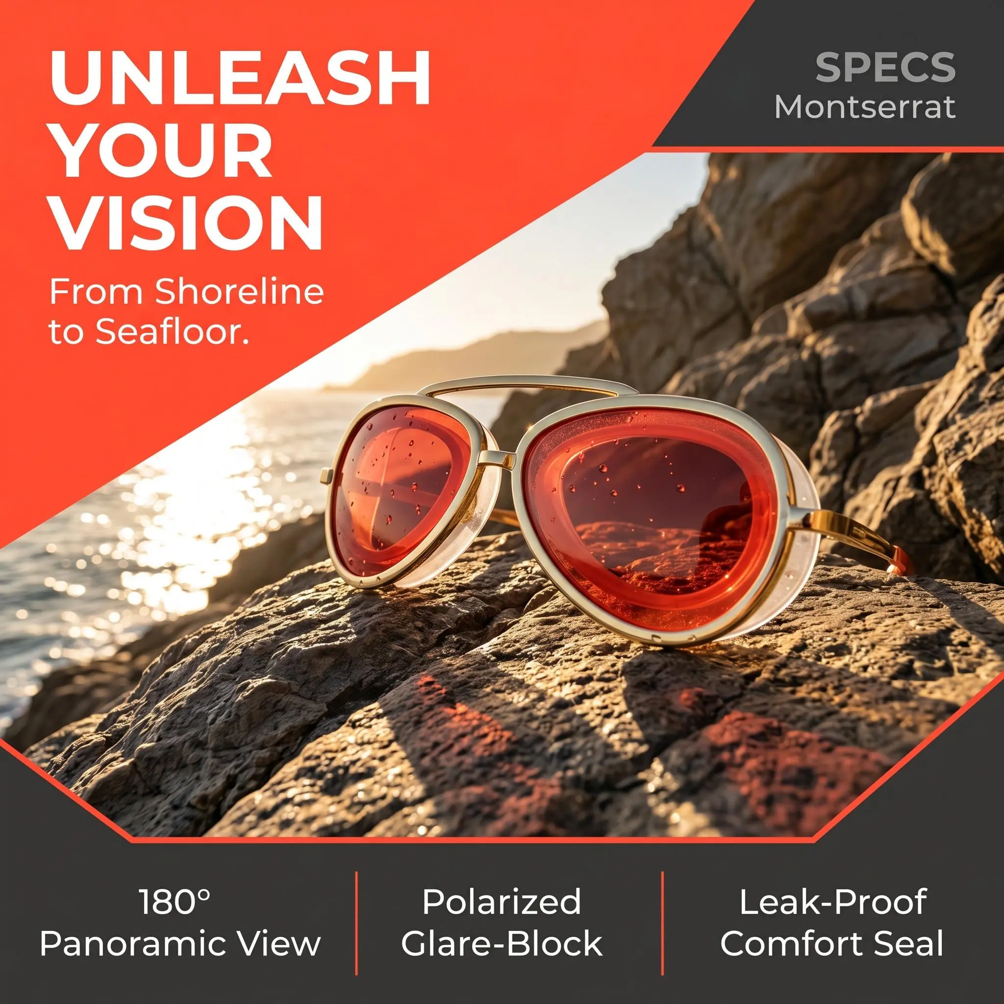 2-in-1 Polarized Sunglasses & Swim Goggles: Retro gold aviator frames with red lenses. Features 180° panoramic vision, a leak-proof seal, and UV protection. UV400 anti-fog water sports eyewear—an essential for beach vacations and pool use.