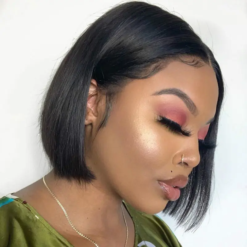 African-American Women's Classic Chic Short Black Bob Cut Wig - 20cm Synthetic Hair Short Straight Full Machine Wig, Side Part, for Daily Wear
