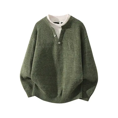 Men's 2-Piece Mock Henley Collar Raglan Loose-Fit Longsleeve Pullover Knitwear - Soft Skin-Friendly Polyester Blend, Retro Casual Menswear, Men's Clothing for Spring Autumn Daily Street Wear