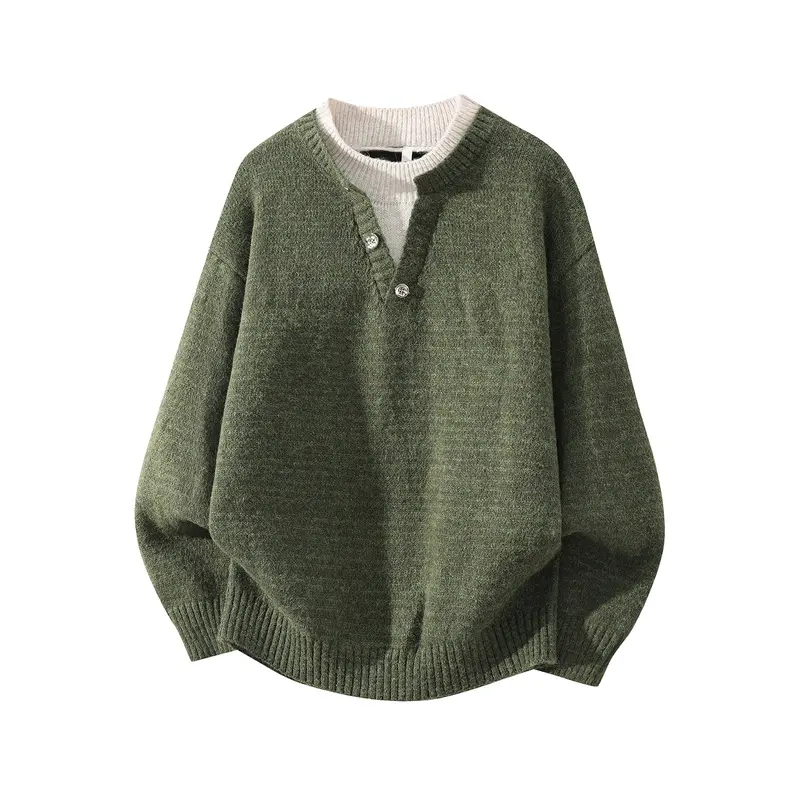 Men's Spring Autumn Fake Two-Piece Henley Collar Knit Sweater, Loose Drop Shoulder Long Sleeve Pullover, Retro Casual Top, Soft Skin-Friendly Fabric Suitable For Daily Street Wear#FallVibes