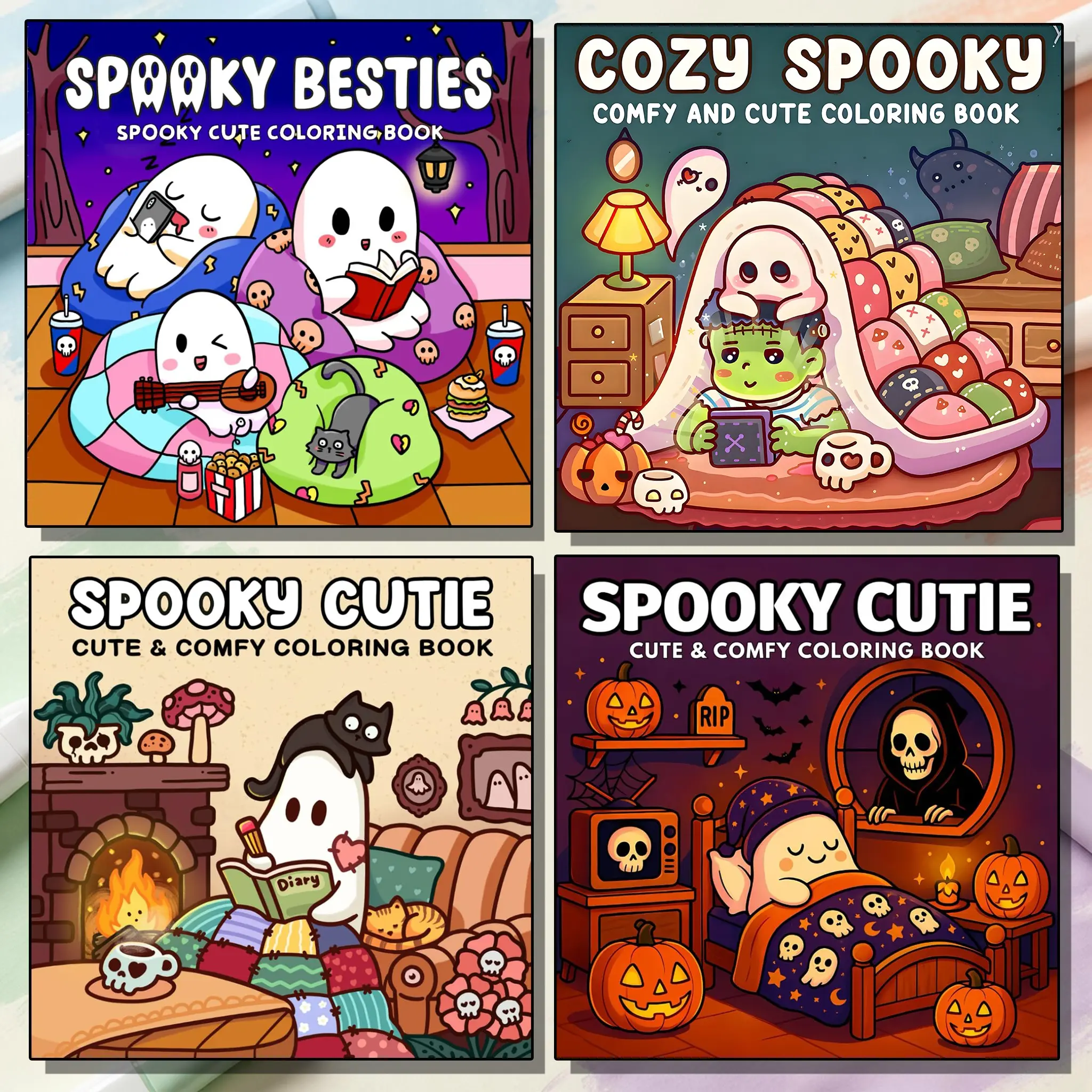 2/4 Pack Cute Cozy Spooky Adult Coloring Book Set, Thick Paper Quality, Besties Cutie Halloween Ghost Pumpkin Bold Easy Coloring Pages Stress Anxiety Relief BookTok Trend Self Care Gift For Teens Adults, Halloween Gift