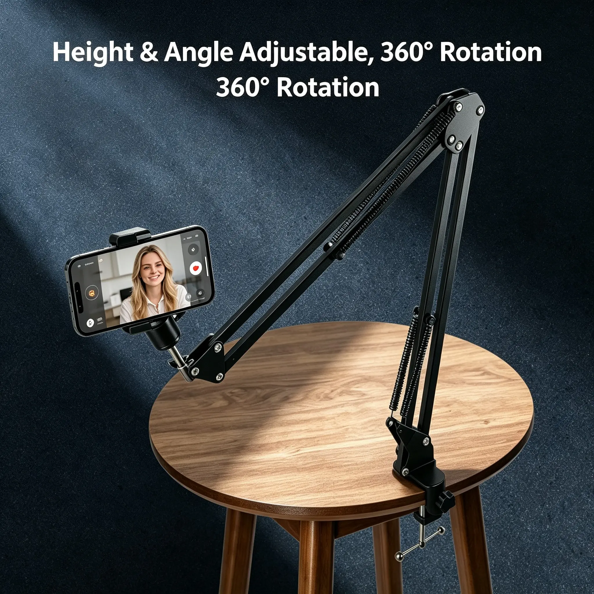 High-End Dual Spring Metal Arm Phone Stand Set, Adjustable Height, 360° Rotatable, No Drilling, Multi-Scene Use, Practical Gift