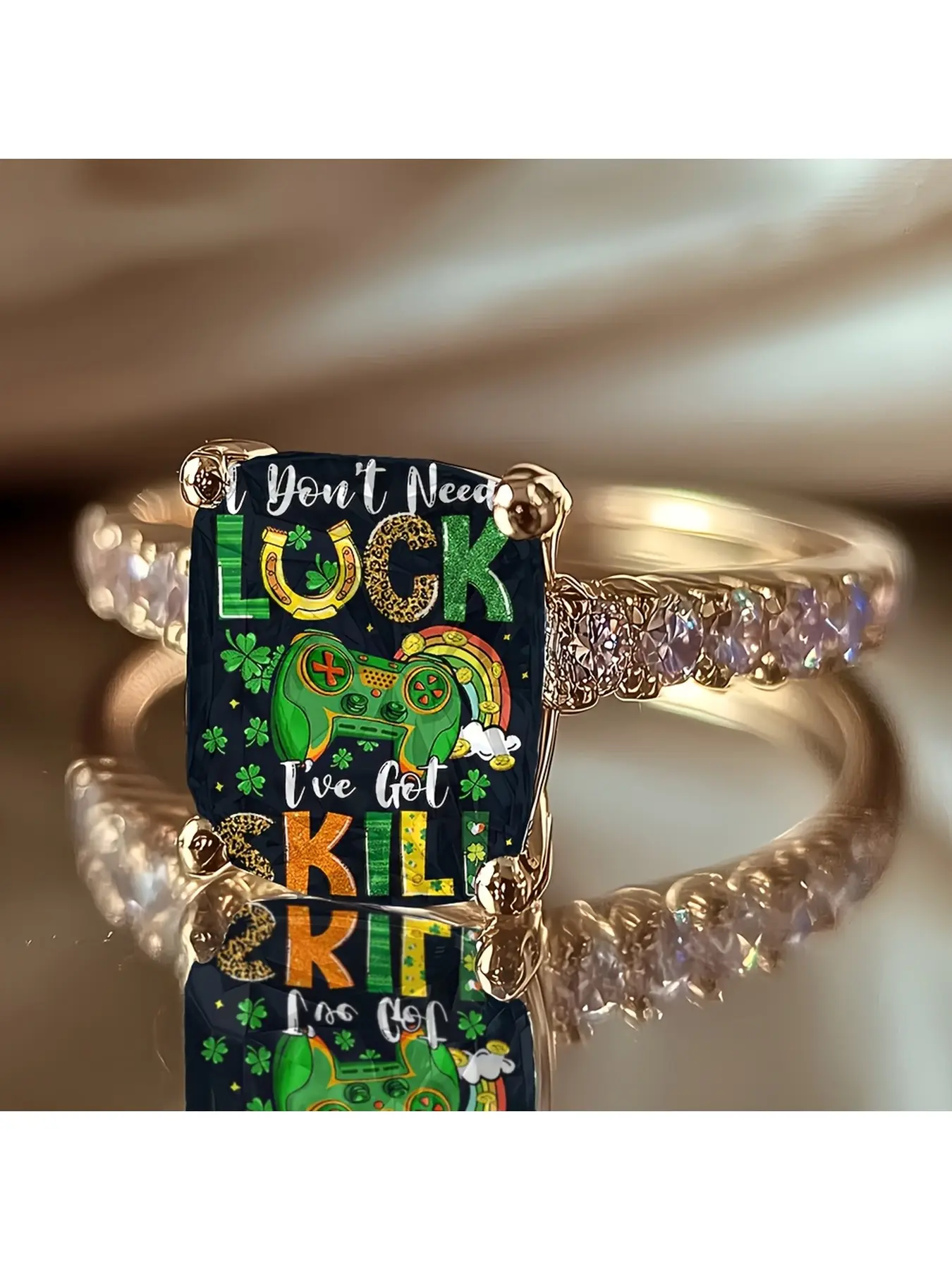 Gamepad-themed creative printed ring, Saint Patrick's Day trendy diamond-studded ring