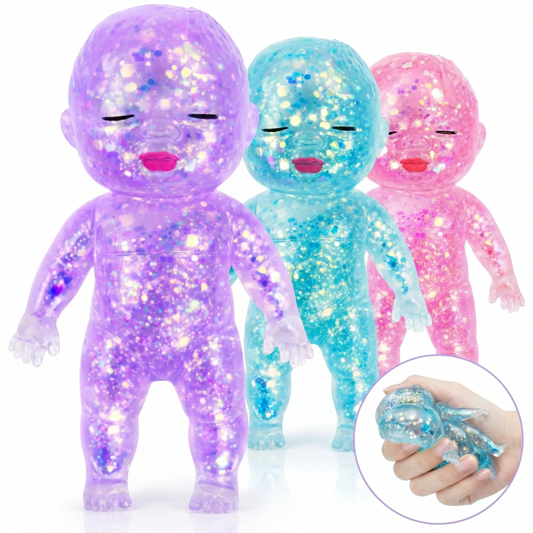 Glitter Squishy Toy, 4" Soft Squeezable Fidget Toy, Cute Sparkly Sensory Decompression Doll for Anxiety Relief, Slow-Rise Stress toy for Adults, Desk Decor, Perfect for Birthday Gifts, Party Favors & Classroom Prizes