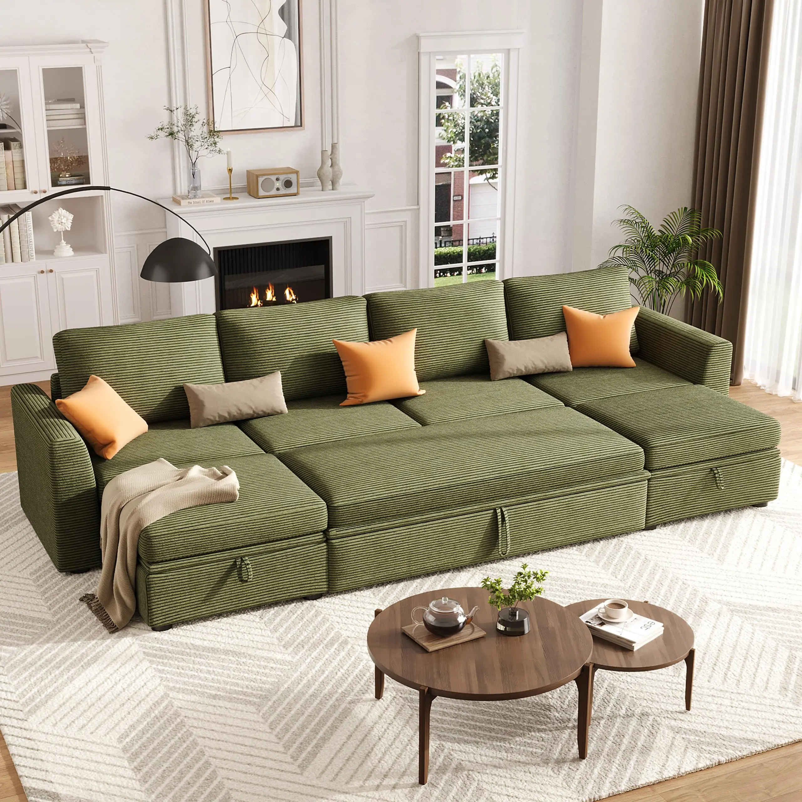 Garvee Sectional Sleeper Sofa with Pull Out Bed, Corduroy Modular Sectional 6 Seat Couch with Pull Out Couch and Storage Seat & 2 Ottomans, Convertible Couches for Living Room