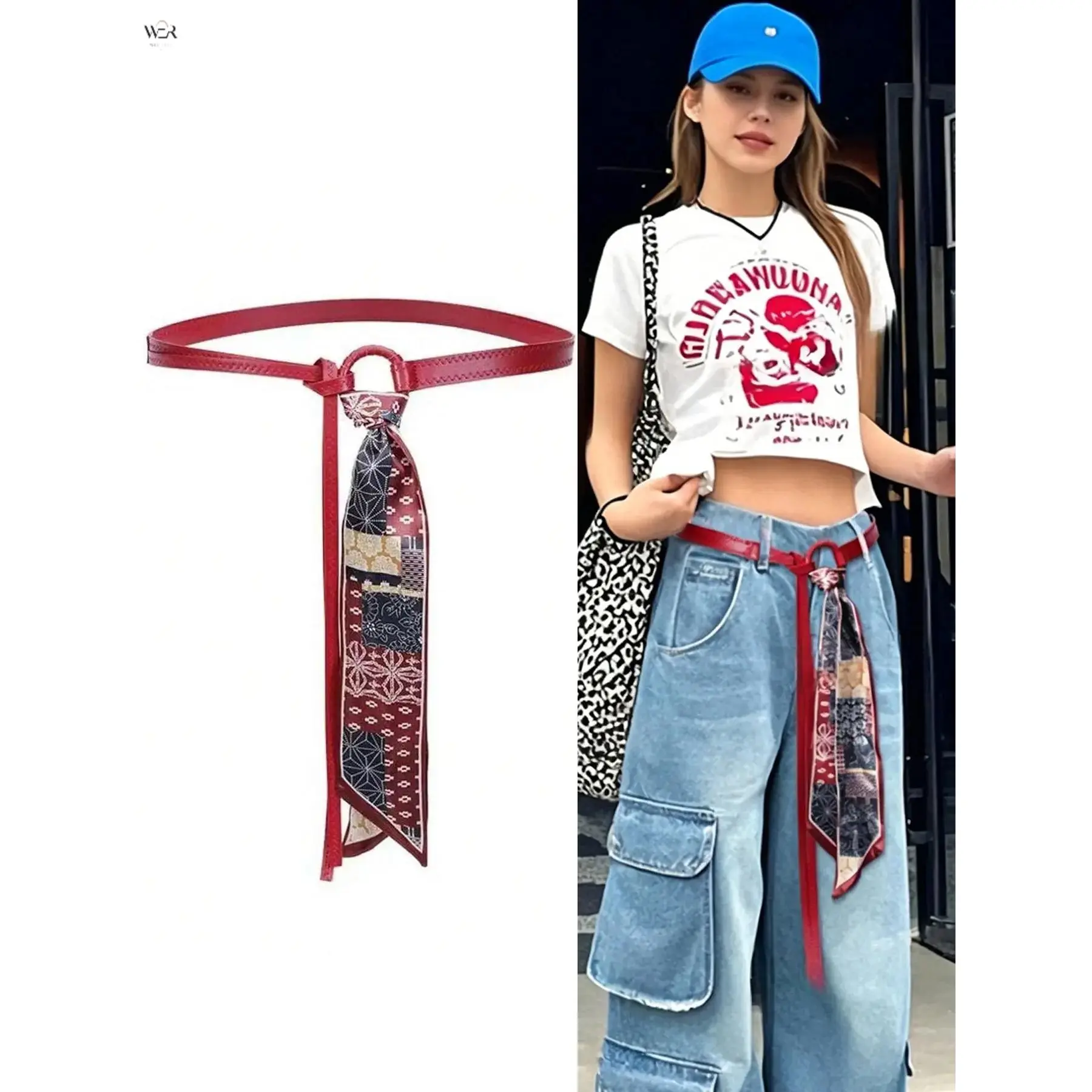 Women's Thin PU Leather Narrow Band Belt, Detachable Geometric Print Satin Scarf Tie, Adjustable Female Accessory for Jeans, Dresses, Casual Wear