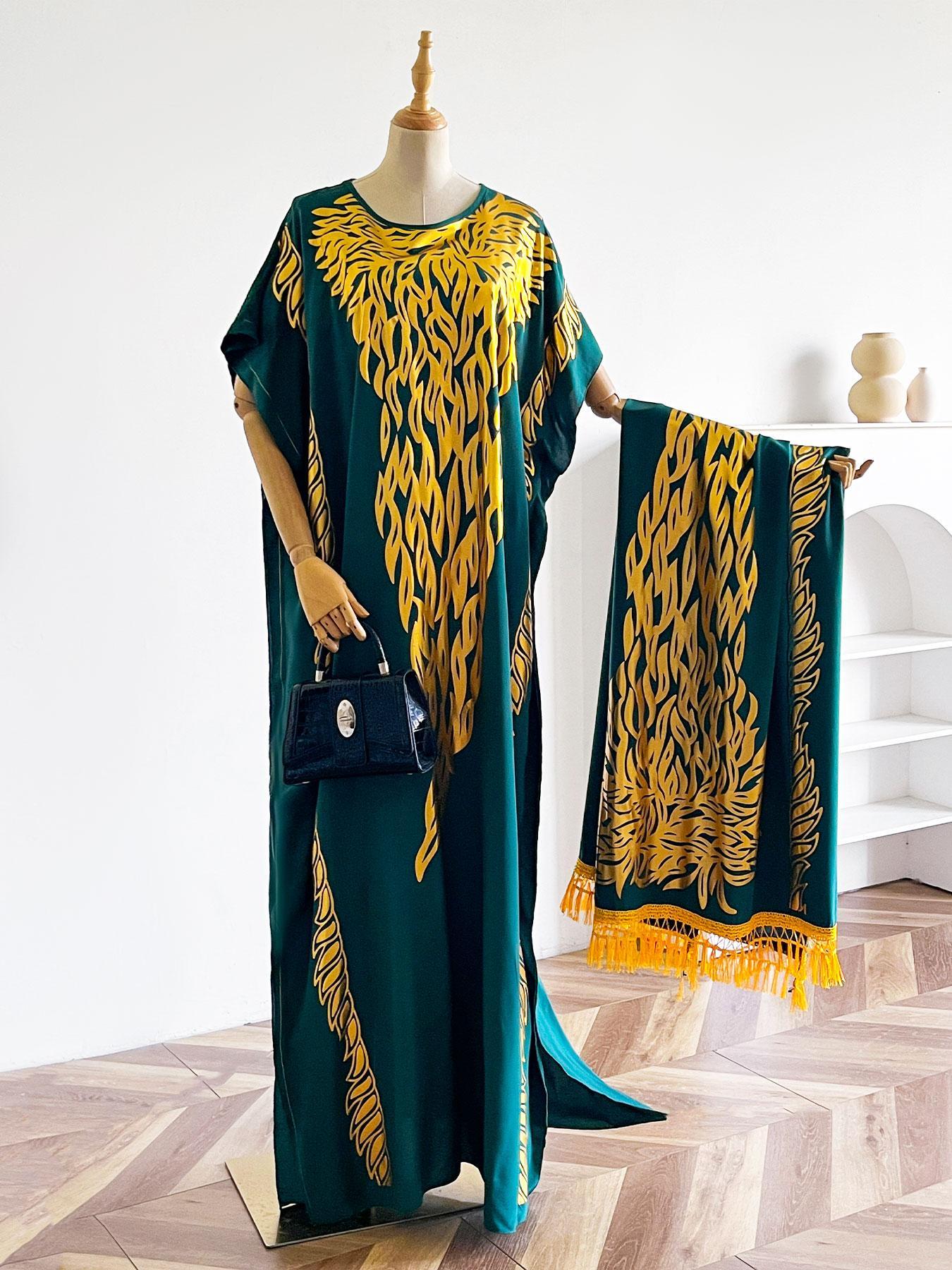 Women's Ethnic Pattern Long Sleeve Cape Dress, Boho Casual Shawl Collar Long Dress for Beach Vacation Holiday, Ladies Clothes for All Seasons, Boho Caftan, Boho Casual Kaftan