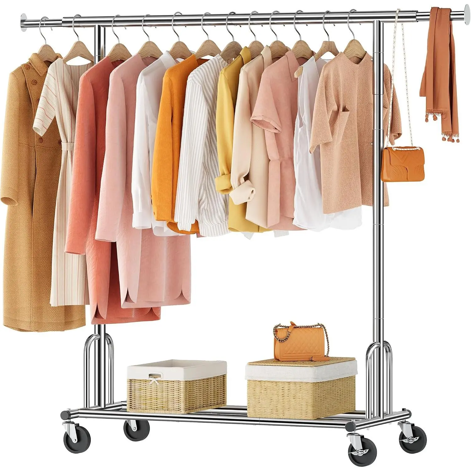 Clothes Rack Collapsible, Rolling Clothing Rack Heavy Duty, Chrome | Folding Garment Rack with Wheels and Extendable Rod, 250LBS Rolling Rack with Bottom Shelf for Bedroom, Laundry Room, Store