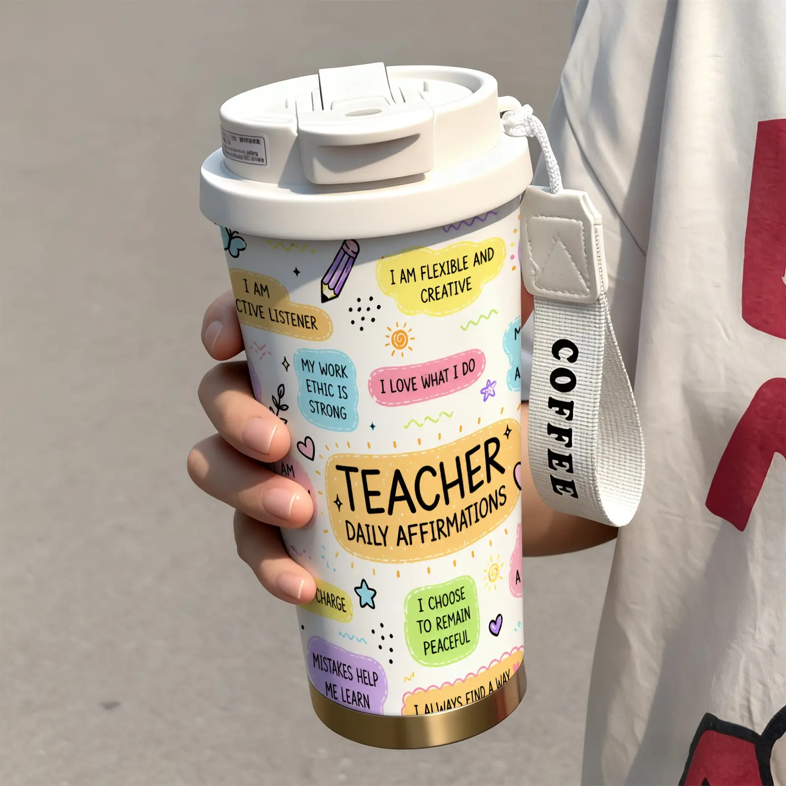 1 Pc 18oz Teacher Insulated Tumbler with Handle, Thermal Tumbler, Double Wall Stainless Steel Travel Mug, Leak-Proof Lid, Keeps Drinks Cold 24H & Hot 12H, Positive Affirmation Coffee Cup, Perfect for Classroom, Office, School, Teacher Appreciation