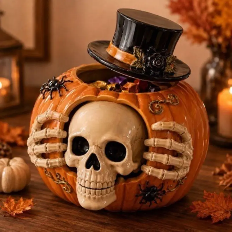 New Halloween Pumpkin Skull Candy Jar Ornament, Desktop Horror Atmosphere Resin Craft, Unique Decorative Piece for Festive Season