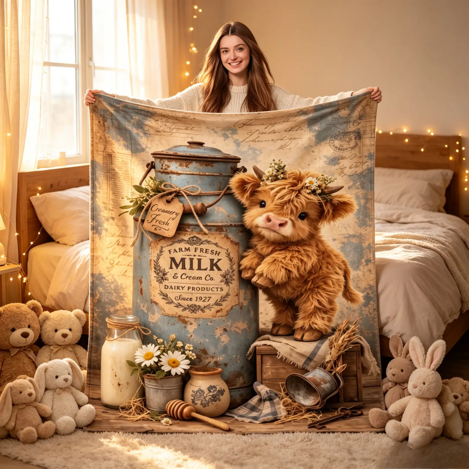 Vintage Farm Fresh Milk Highland Cow Flannel Throw Blanket, Cute Baby Highland Cow Rustic Farmhouse Blanket, Old Milk Can Daisy Country Decor Soft Cozy Blanket For Sofa Bed,Perfect Birthday Christmas Housewarming Holiday Gift For Farm Animal Lovers TikTok