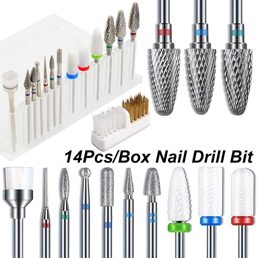14PCS Nail Drill Bit Set with Cleaning Brush 3/32" Professional Nail Drill Bits Cuticle Nail Drill Bits Acrylic Gel Nail Tech Manicure Pedicure Home Salon Nail Care Products