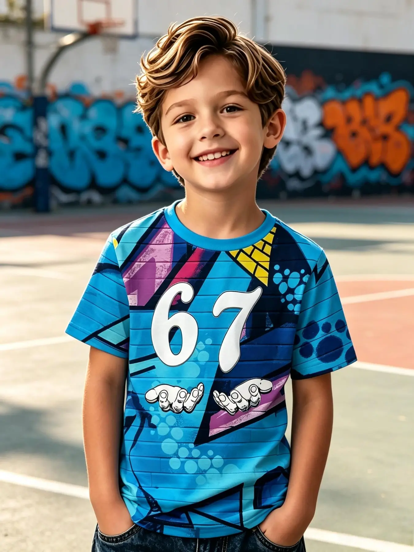 Kids Trendy Number Graffiti Print Short Sleeve T-shirt Boys Girls Fashion Casual Sports Top Summer Trendy Kids Clothes 2026 New Style
