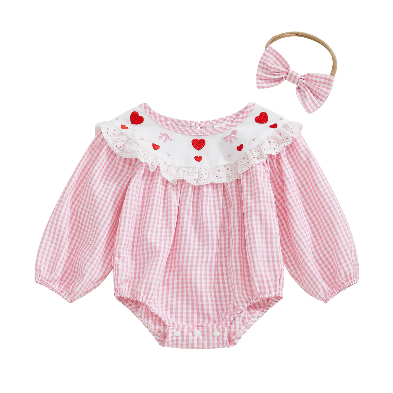 Newborn Infant Baby Girl Bubble Romper Bow Embroidery Plaid Puff Long Sleeve Smocked Bodysuit Cute Clothes
