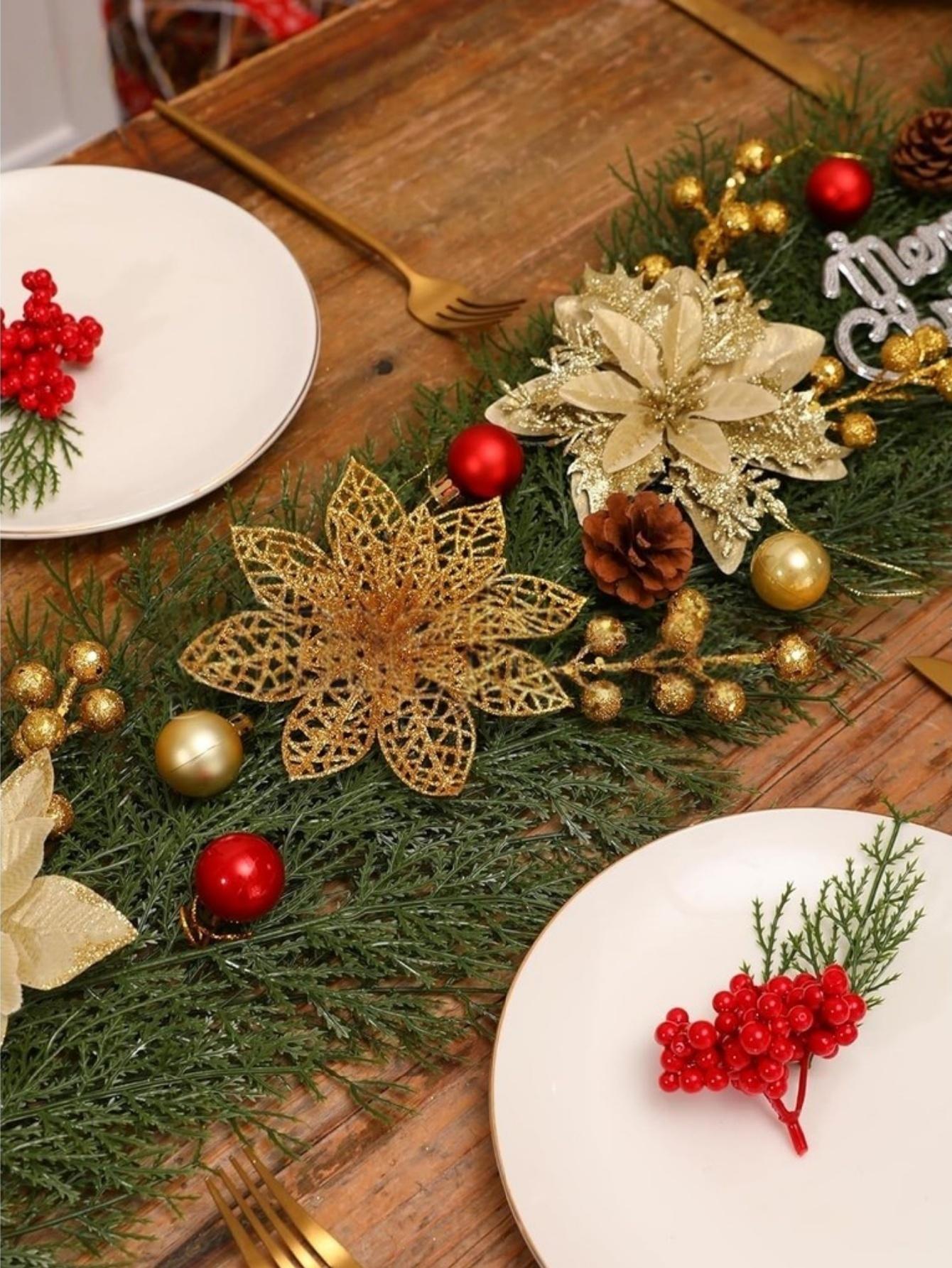 6-24Pcs 15cm Artificial Christmas Flowers with Clips Stems, Xmas Tree Ornaments Glitter Flower for Garland New Year Party Decor