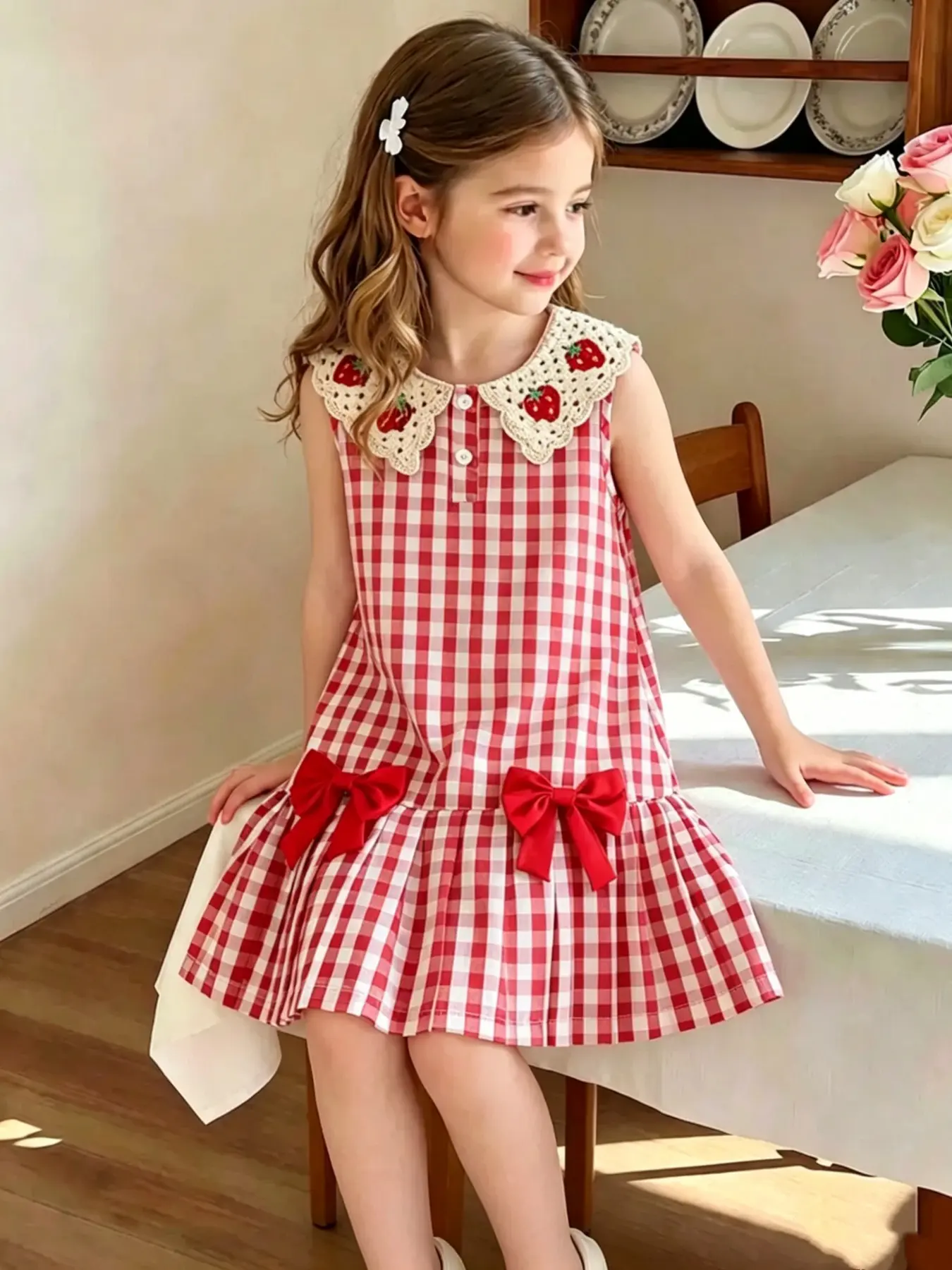 4-7 Years Old Girls' Summer Dress, Sleeveless Strawberry Embroidery Knit Square Neck Plaid Dress, Sweet Bow Decoration, Casual Cute