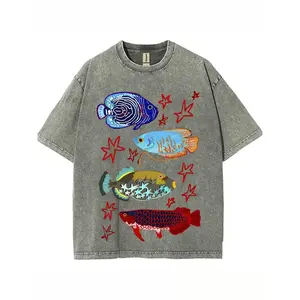 Washed, Fish Leaping Over the Dragon Gate Printed T-shirt, High-quality Batik Retro Fashion Brand T-shirt, Unisex T-shirt, Casual Attire T-shirt, Holiday Gift, Perfect Present. men  clothing