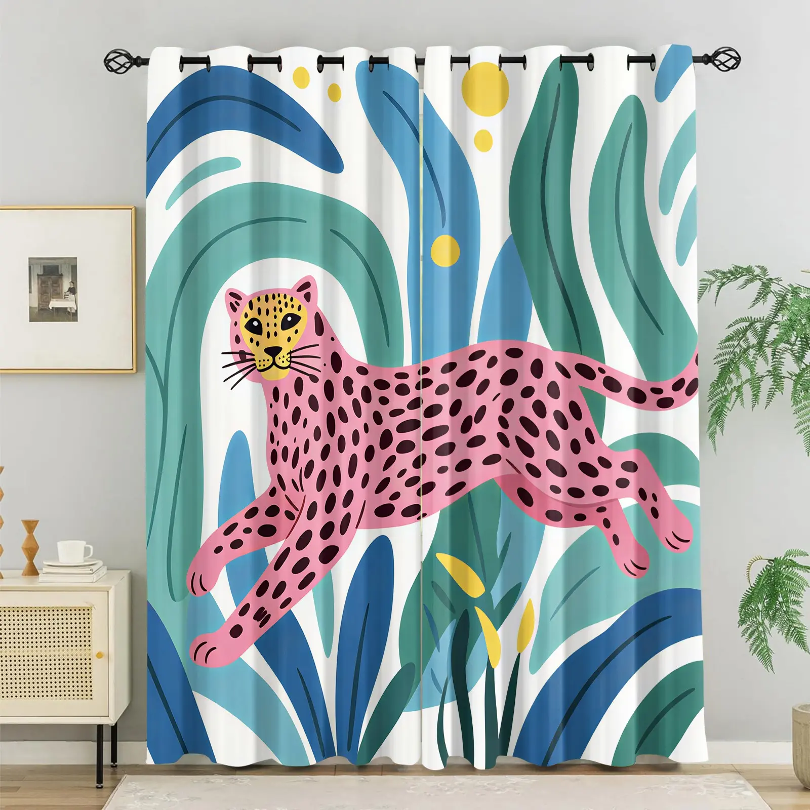 2Pcs Art Color‑Block Cheetah Tropical Plant Print Decor Curtains, 85% Light Blocking Heat‑Insulating Drapes, Easy To Install & Maintain, Fit For Bedroom Living Room Luxury Home Decor