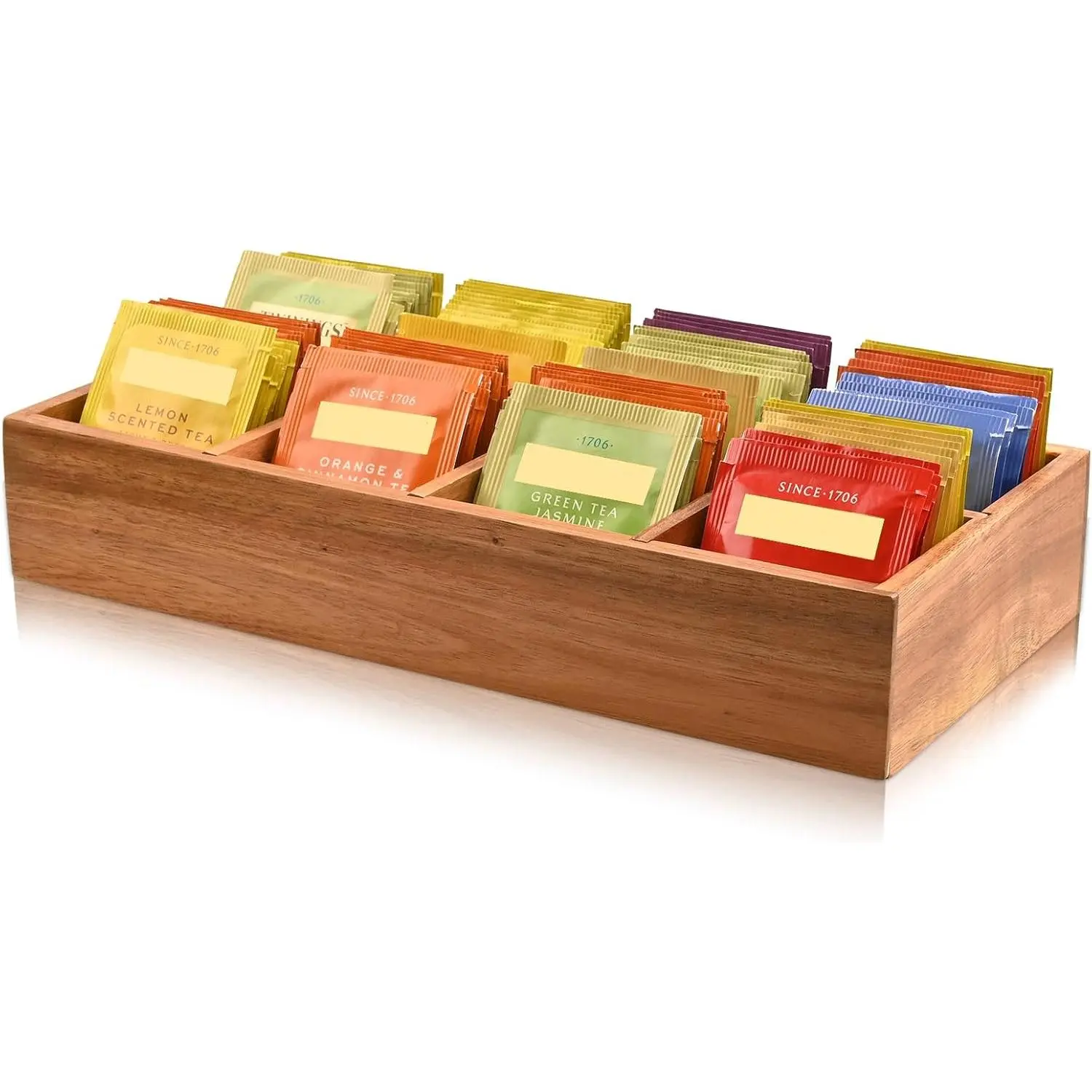 Acacia Wood Bag Organizer with 8 Adjustable Slots - Modern Bag Storage Holder, Countertop Sugar Packet Organizer, Gift Ideas
