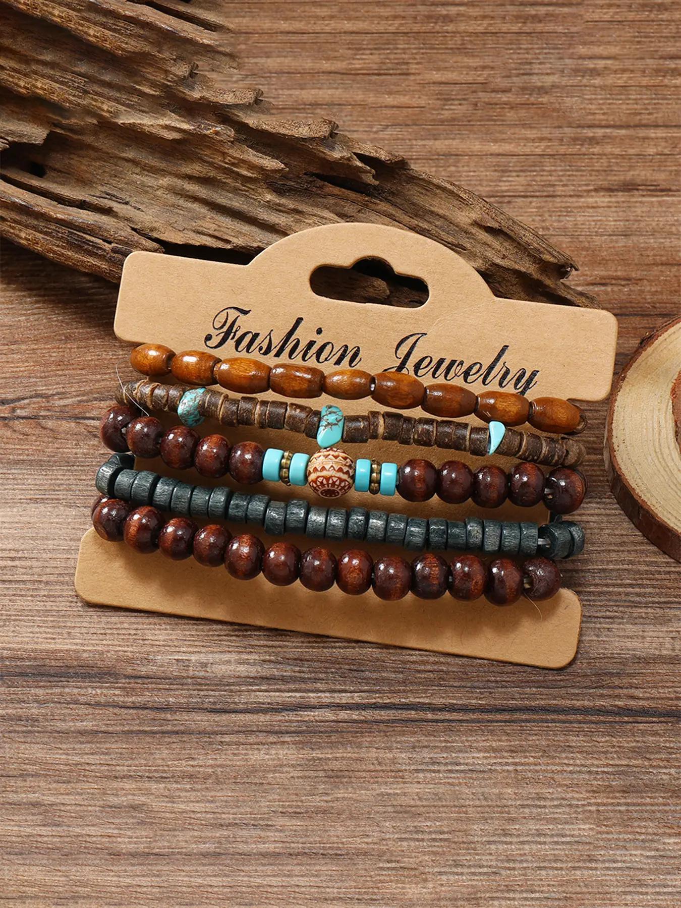 Boho Style Wooden Beaded Bracelet, Vintage Trendy Bracelet, Fashionable Jewelry for Women & Girls for Daily Decoration, Beaded Bracelet Set