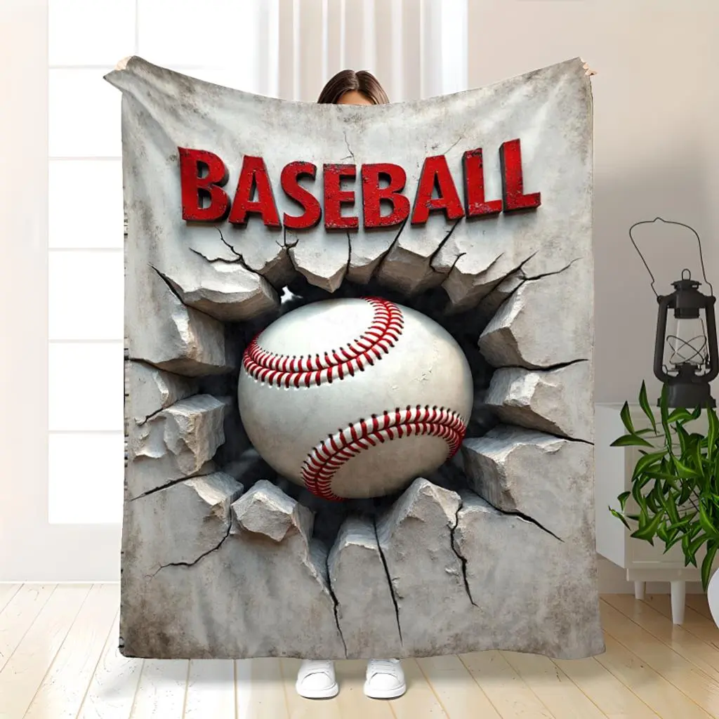 Allseason Use) Baseball-Themed Flannel Throw Blanket - Soft, Cozy, All-Season Comfort With Eye-Catching 3D Baseball Print Design, Perfect For Sports Fans And Home Decor, Home Decor Blanket |   3D Baseball Design |   Polyes Blanket, Bed Blanket, Christmas