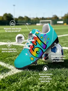 1 Pair Cyan Base Rainbow Number 67 Star Wave Magnetic Buckle No Tie FG Stud Soccer Cleats Non Slip Wear Resistant Competition Trainers For Teen Grass