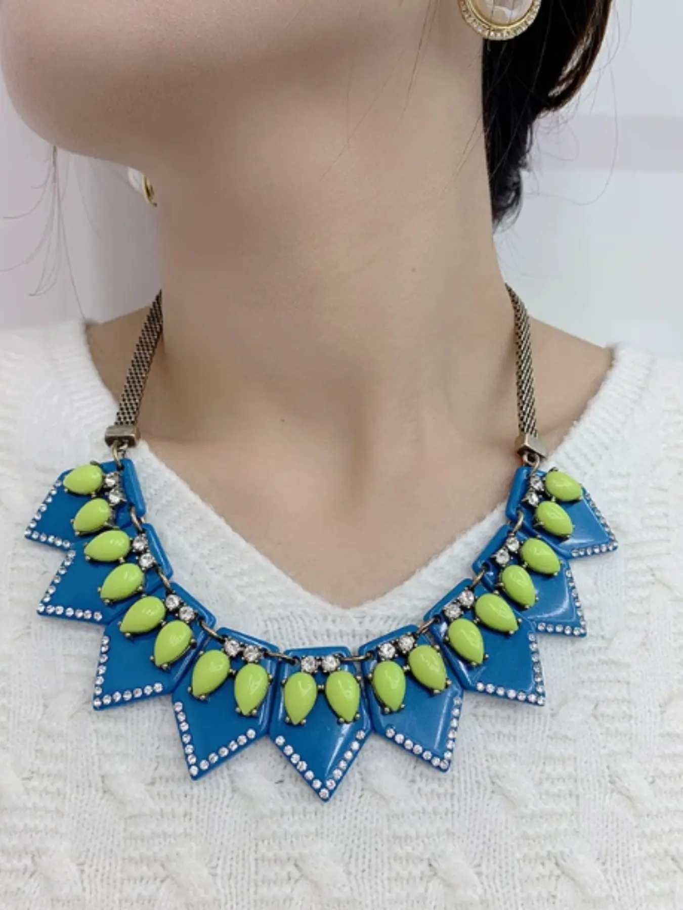 1Pc Statement Bib Necklace for Women, Blue Geometric Collar with Neon Green Teardrop Stones, Vintage Bronze Chain, Crystal Accent Fashion Jewelry