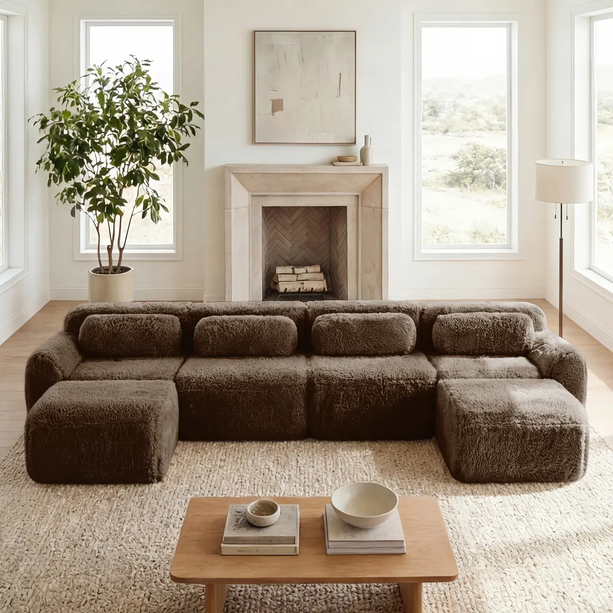 Aobtkel 114in Soft Fluffy Plush Fabric Modular Sectional Couch with Flexible Layout, Ergonomic Design, Throw Pillows, Full-Compression Pack, Buckle Connection for Living Room, Home Theater, Chocolate Color