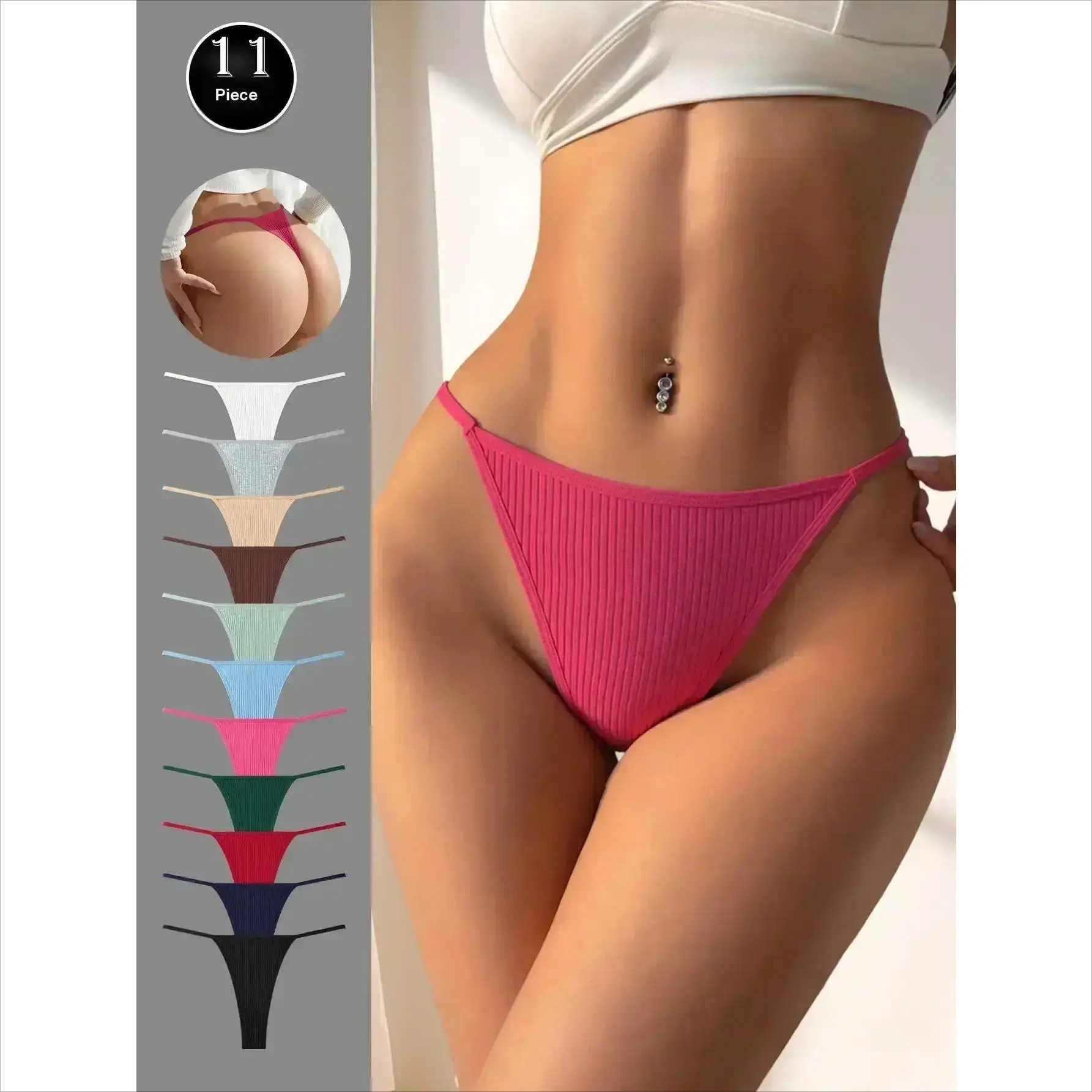 Women's 11/22-Pack Minimalist Basic Cotton Thongs, Satin Plain Ring-Linked Low Waist Panties, Soft Breathable Seamless T-Back, Skin-Friendly Regular Fit Underwear for Daily Wear (Mixed Color(11Pcs))