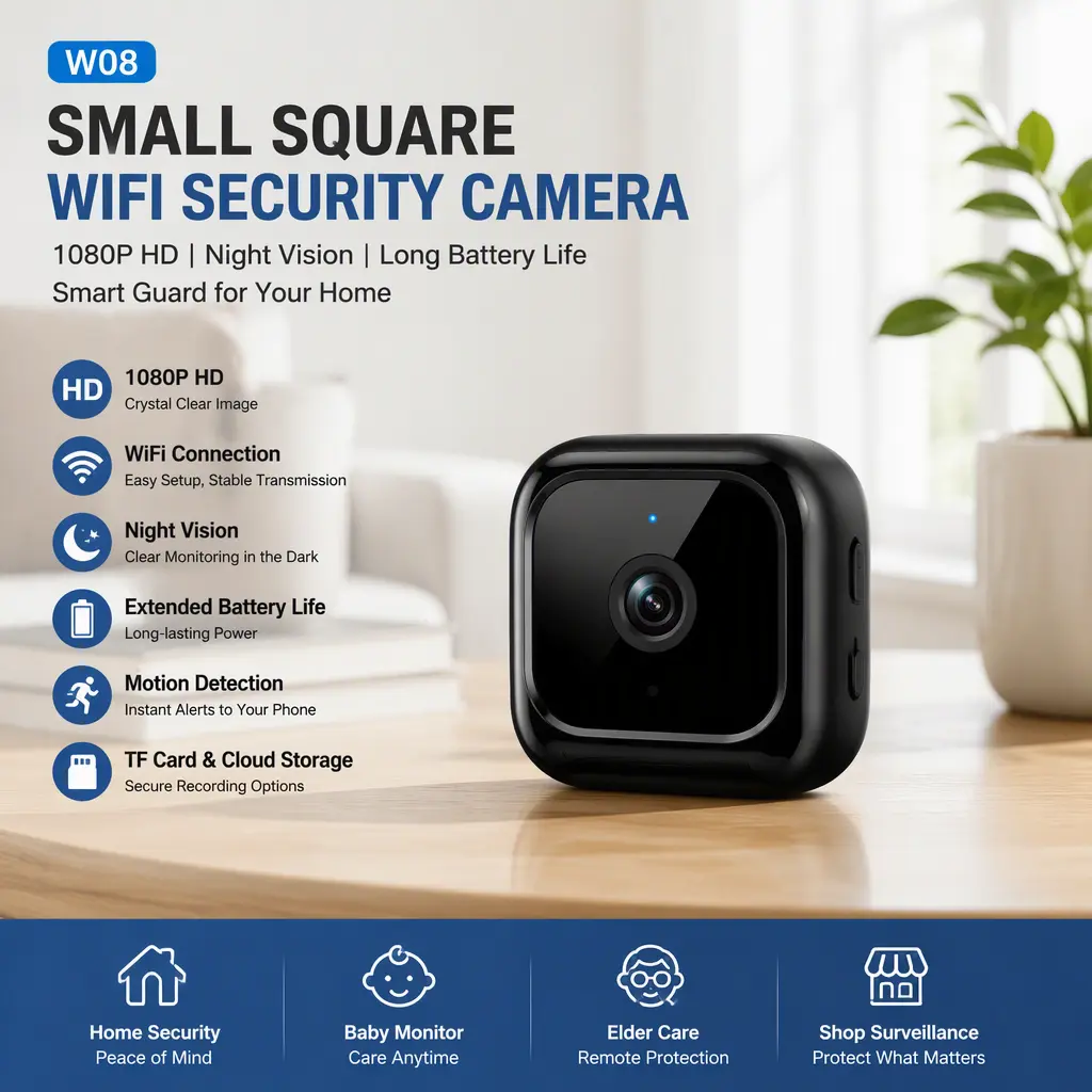Compact W08 Square WiFi Home Security Camera, 1080P High Definition Mini Surveillance Camera Equipped with Night Vision and Long‑Duration Battery Life