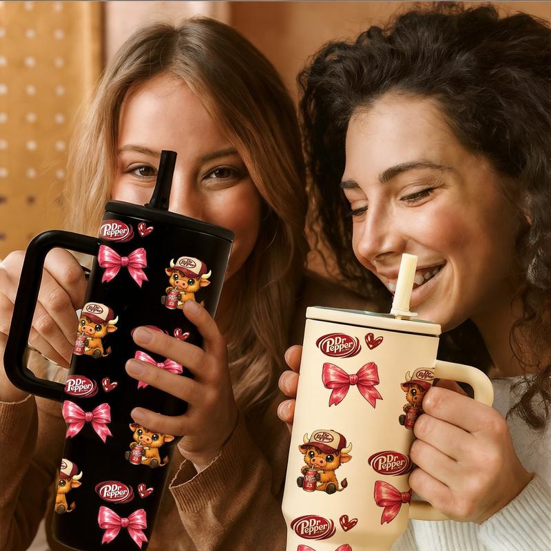 40oz insulated mug Dr Pepper soda print, leopard highland cow cute cartoon design, aesthetic thermal mug, double wall vacuum stainless steel, straw lid with handle, leak proof, keeps hot 12 hours cold 24 hours, valentines birthday daily gift