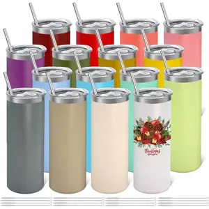 16 Pack Stainless Steel Skinny Tumblers Bulk Straight Double Wall Powder Coated Insulated Tumbler with Lid and Straw for Laser Engrave, DIY Gift, 20oz Mix Colors